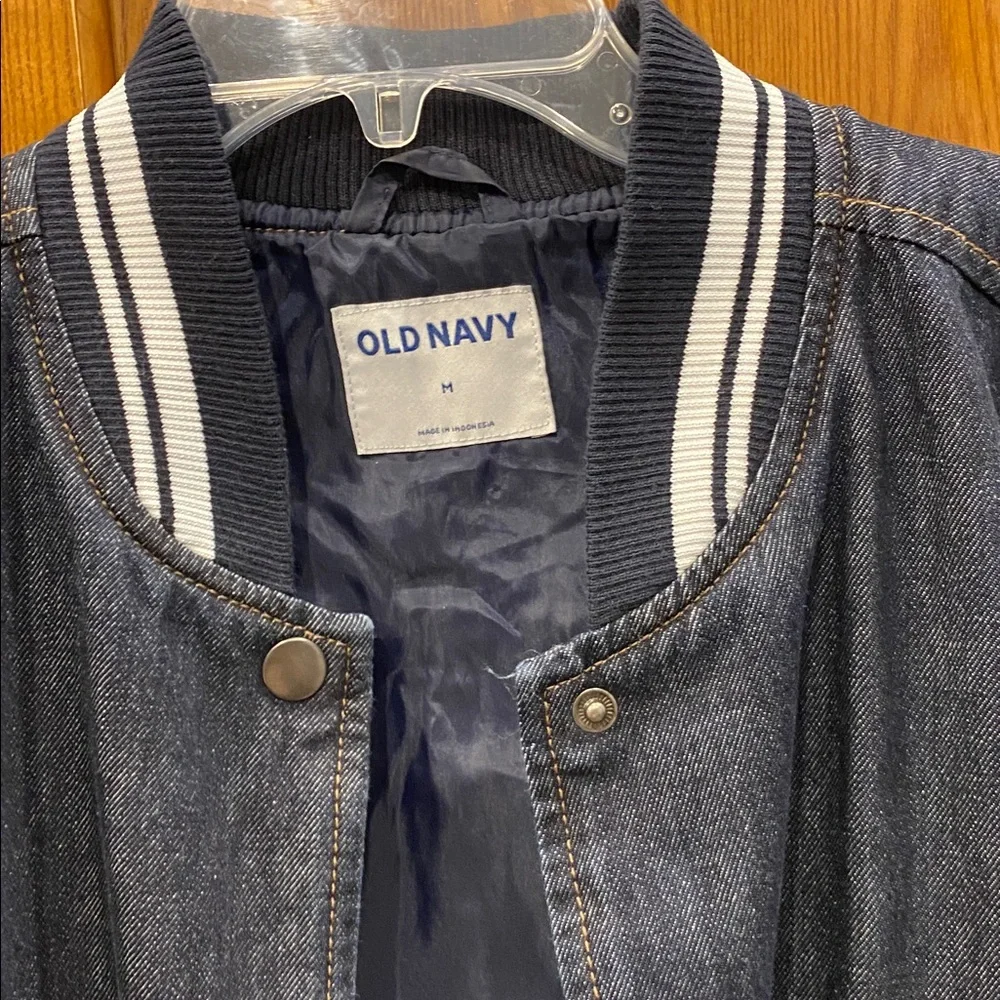 Old Navy Navy Blue Denim Bomber Jacket with White-Trim Ribbing size medium - Picture 2 of 5